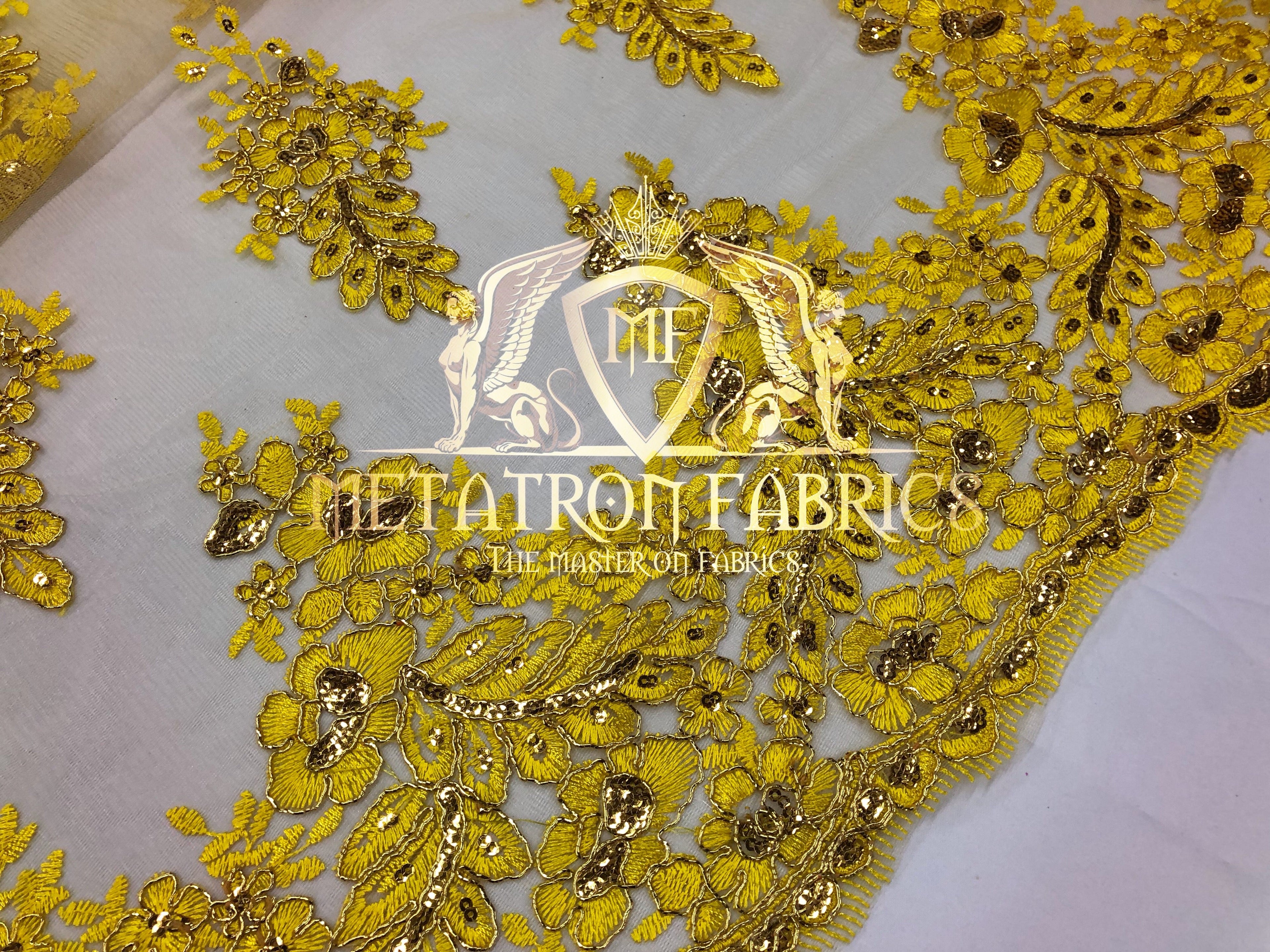Lace Fabric - Gold / Yellow - Corded Flowers Embroidery With Sequins On Mesh Sold By The Yard