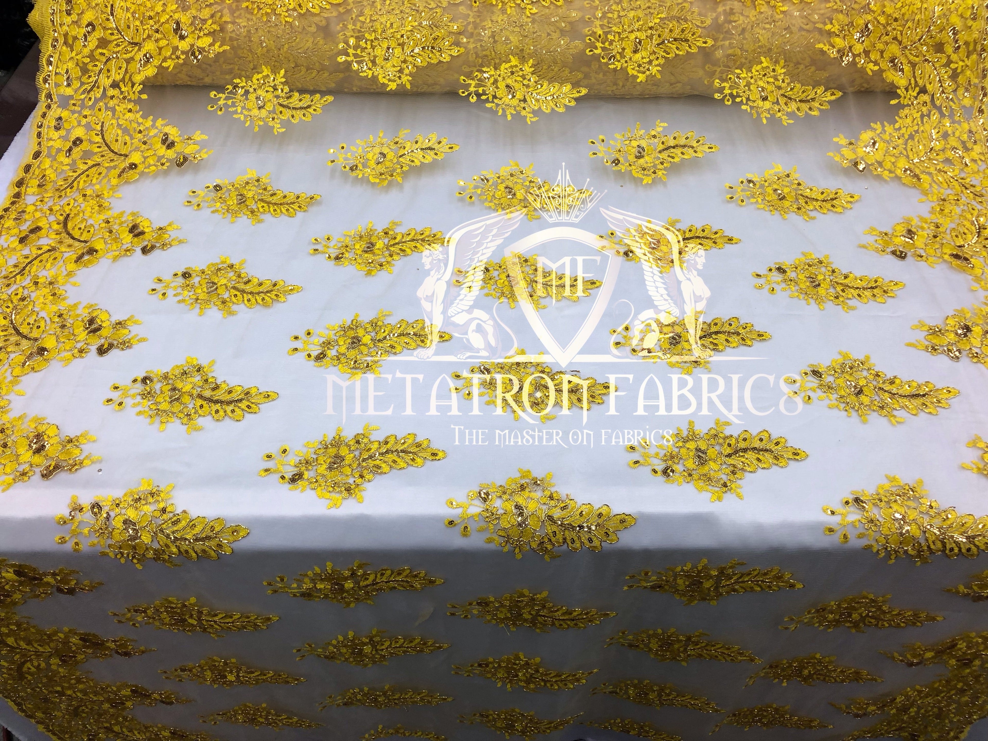 Lace Fabric - Gold / Yellow - Corded Flowers Embroidery With Sequins On Mesh Sold By The Yard