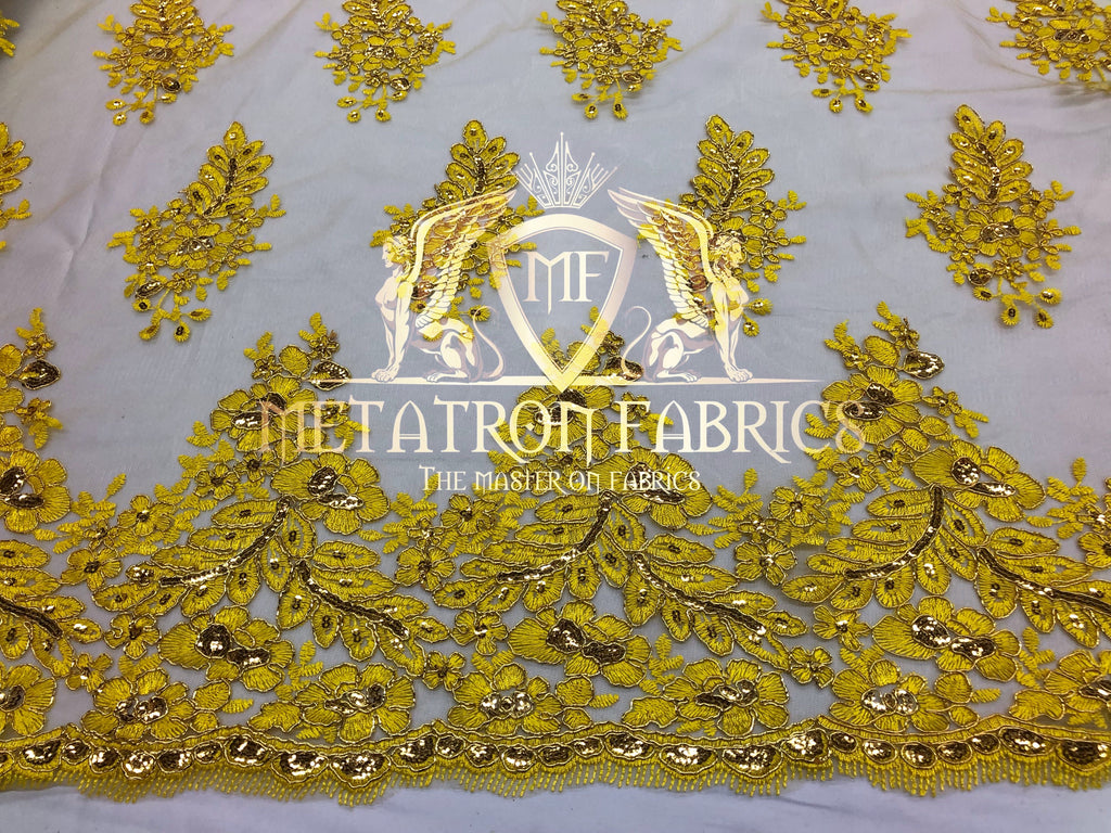 Lace Fabric - Gold / Yellow - Corded Flowers Embroidery With Sequins On Mesh Sold By The Yard