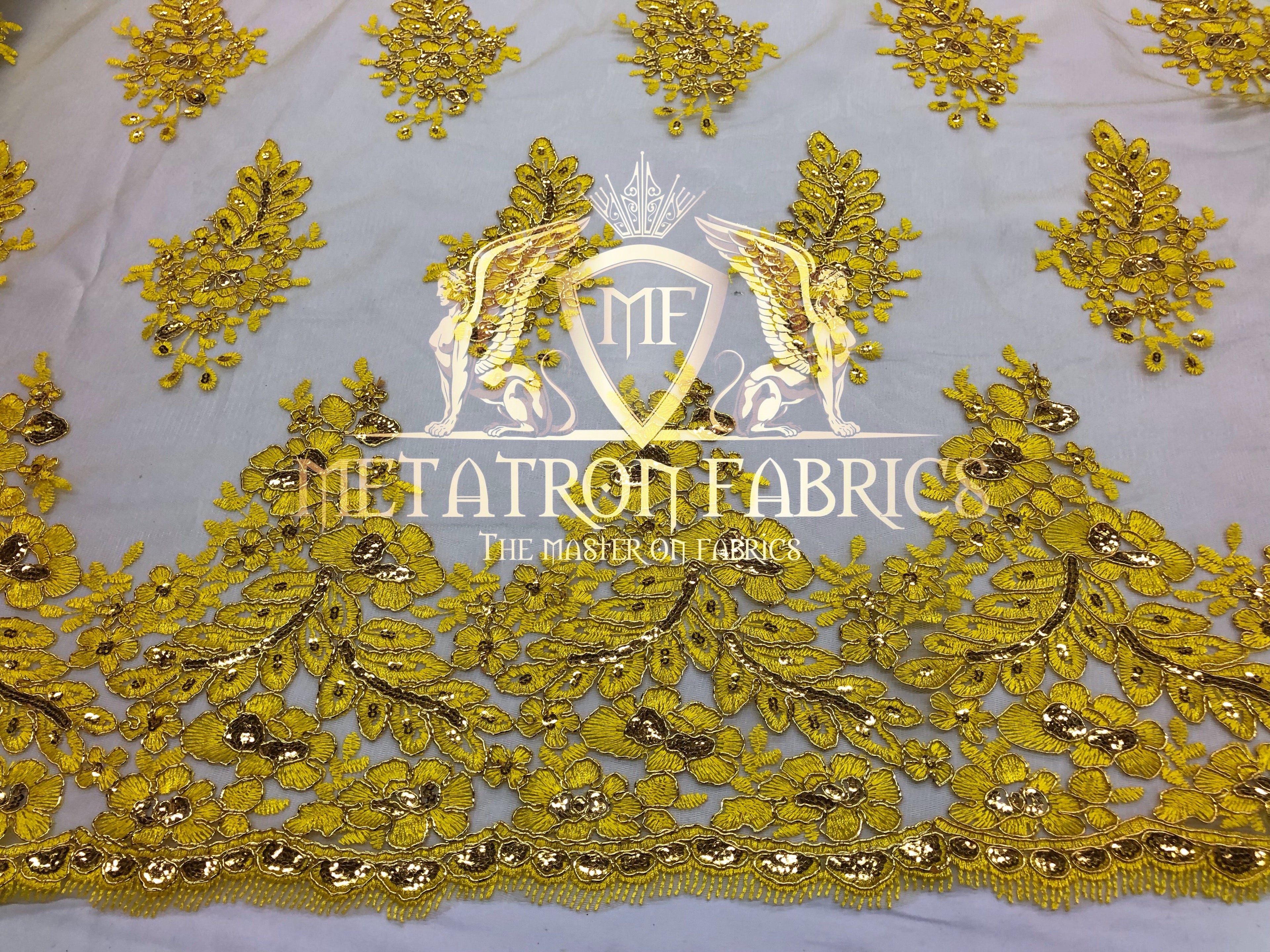 Lace Fabric - Gold / Yellow - Corded Flowers Embroidery With Sequins On Mesh Sold By The Yard