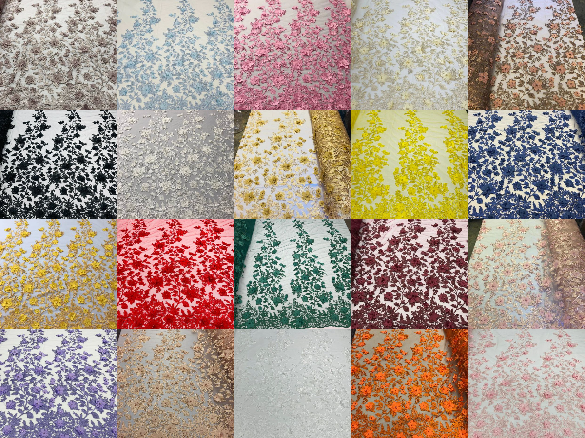 3D Pearl Floral Fabric - Floral Design Embroidered on Mesh Lace Fabric - 25 Yard Roll