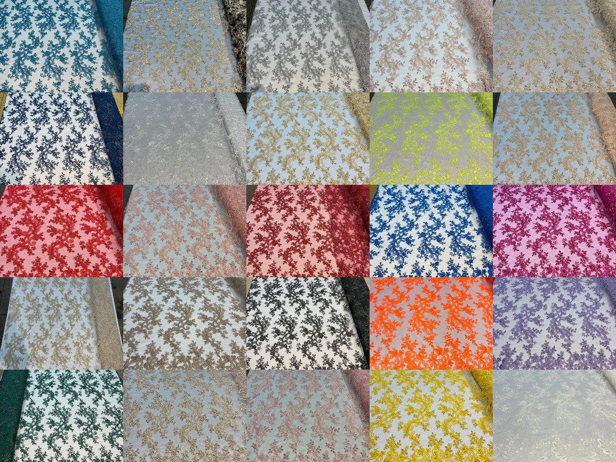 Lace Sequins Fabric - Corded Flower Embroidery Design Mesh Fabric - 25 Yard Roll