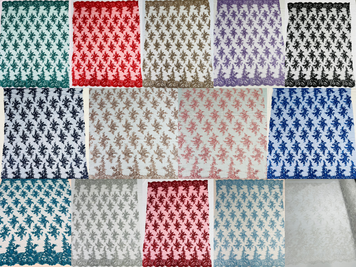 Lace Flower Cluster Fabric - Embroidered Flower With Sequins on a Mesh Lace Fabric - 25 Yard Roll