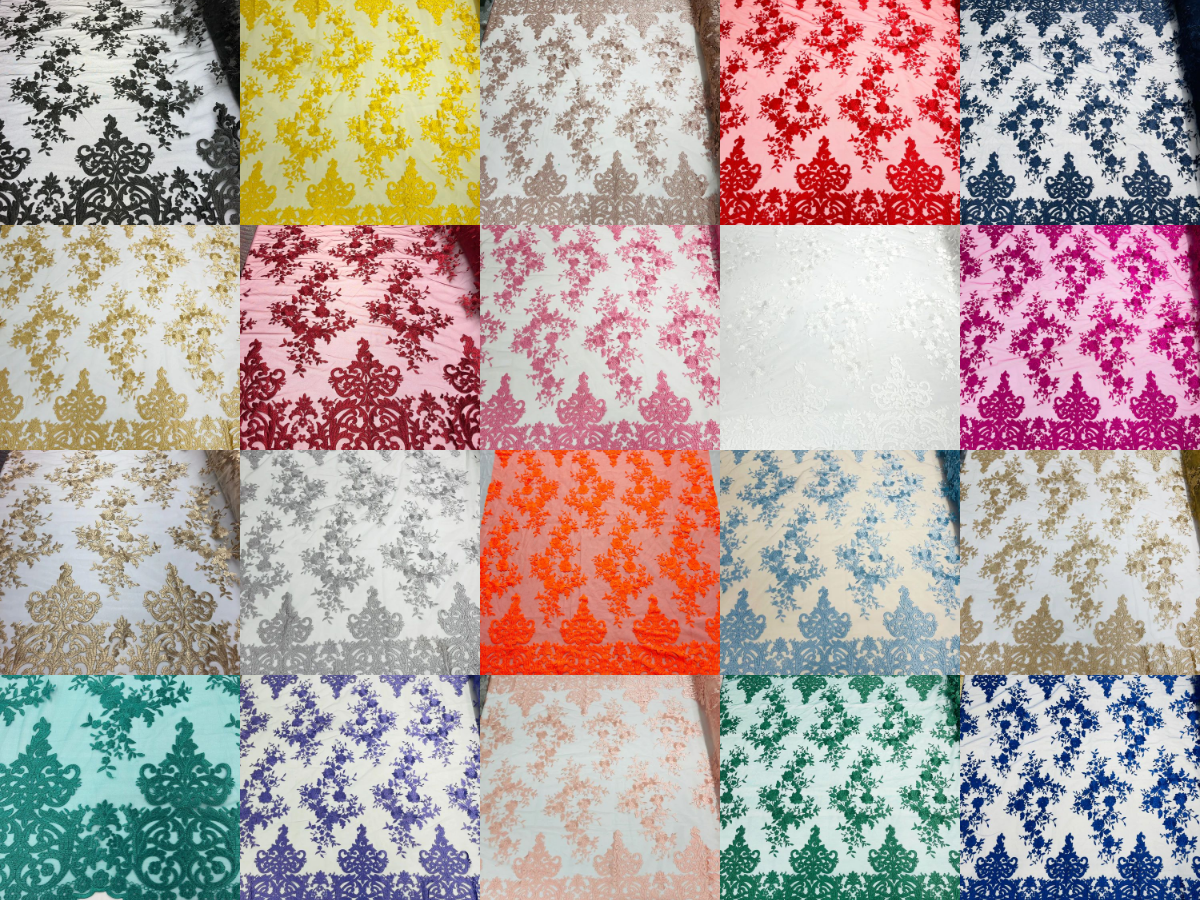 Damask Lace - Floral Damask Design Embroidered on Mesh Lace Fabric - 25 Yard Roll