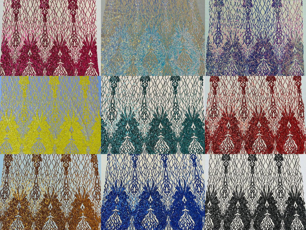 Fancy Leaf Design -  4 Way Stretch Embroidered Sequins Fabric - Pick Color - 25 Yard Roll