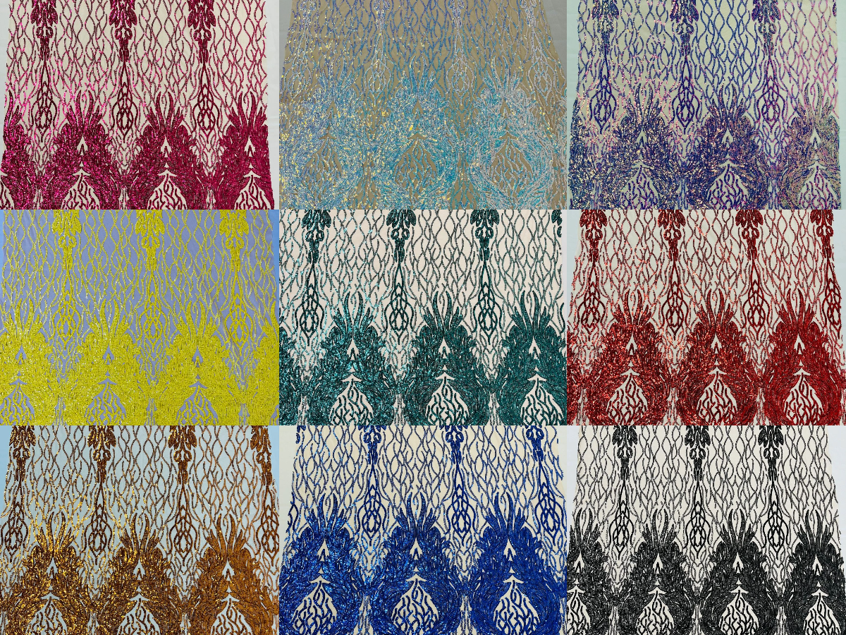 Fancy Leaf Design -  4 Way Stretch Embroidered Sequins Fabric - Pick Color - 25 Yard Roll