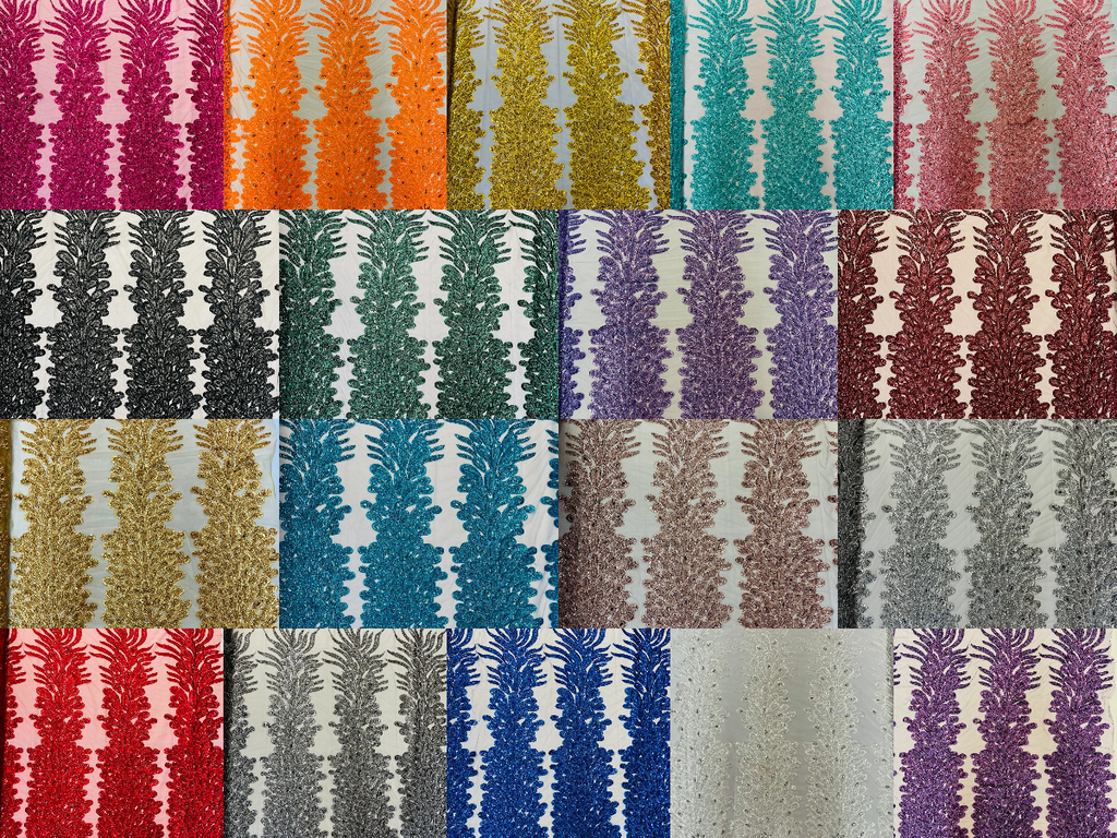 3D Beaded Peacock Feathers - Vegas Design Embroidered Sequins and Beads On a Mesh Lace Fabric - 15 Yard Roll