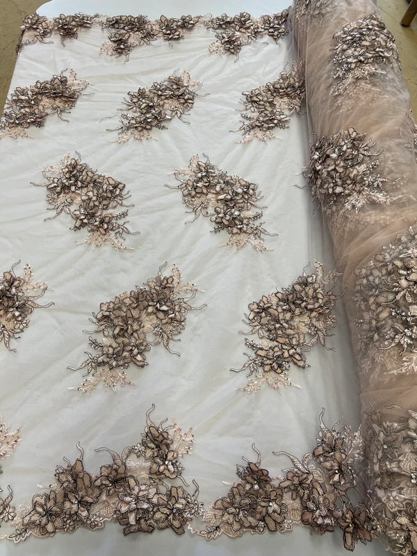 3D Floral Clusters with Rhinestone - Light Brown Black Thread Embroidered Flowers Beads On Lace Yard