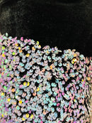 Velvet Stretch Sequins - Irisdescent Aqua/Pink Sequins on Black 2 Way Stretch Velvet Fabric 58/60”
