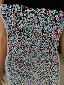 Velvet Stretch Sequins - Irisdescent Aqua/Pink Sequins on Black 2 Way Stretch Velvet Fabric 58/60”