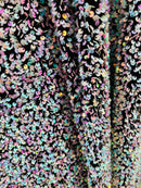 Velvet Stretch Sequins - Irisdescent Aqua/Pink Sequins on Black 2 Way Stretch Velvet Fabric 58/60”