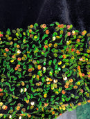 Velvet Stretch Sequins - Neon Green/ Iridescent Sequins on Black 2 Way Stretch Velvet Fabric 58/60”