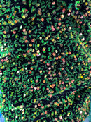 Velvet Stretch Sequins - Neon Green/ Iridescent Sequins on Black 2 Way Stretch Velvet Fabric 58/60”