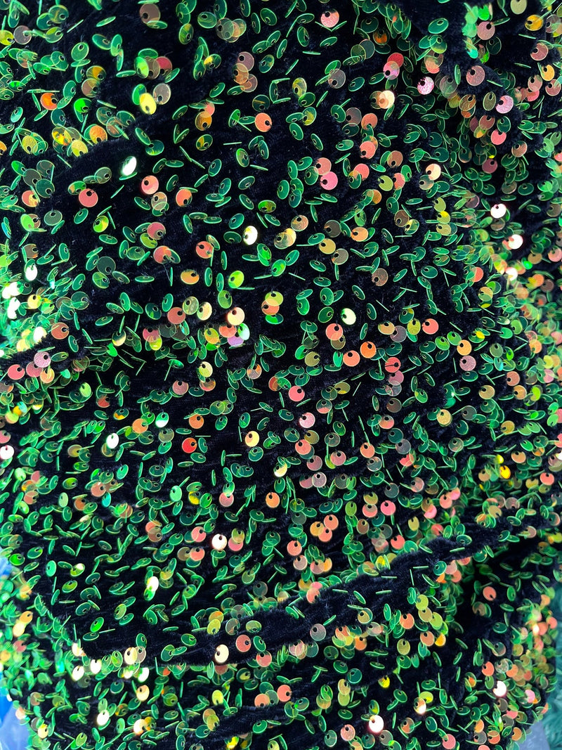 Velvet Stretch Sequins - Neon Green/ Iridescent Sequins on Black 2 Way Stretch Velvet Fabric 58/60”