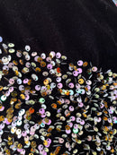 Velvet Stretch Sequins - Pink/ Gold Sequins on Black 2 Way Stretch Velvet Fabric 58/60”