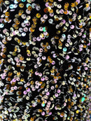 Velvet Stretch Sequins - Pink/ Gold Sequins on Black 2 Way Stretch Velvet Fabric 58/60”