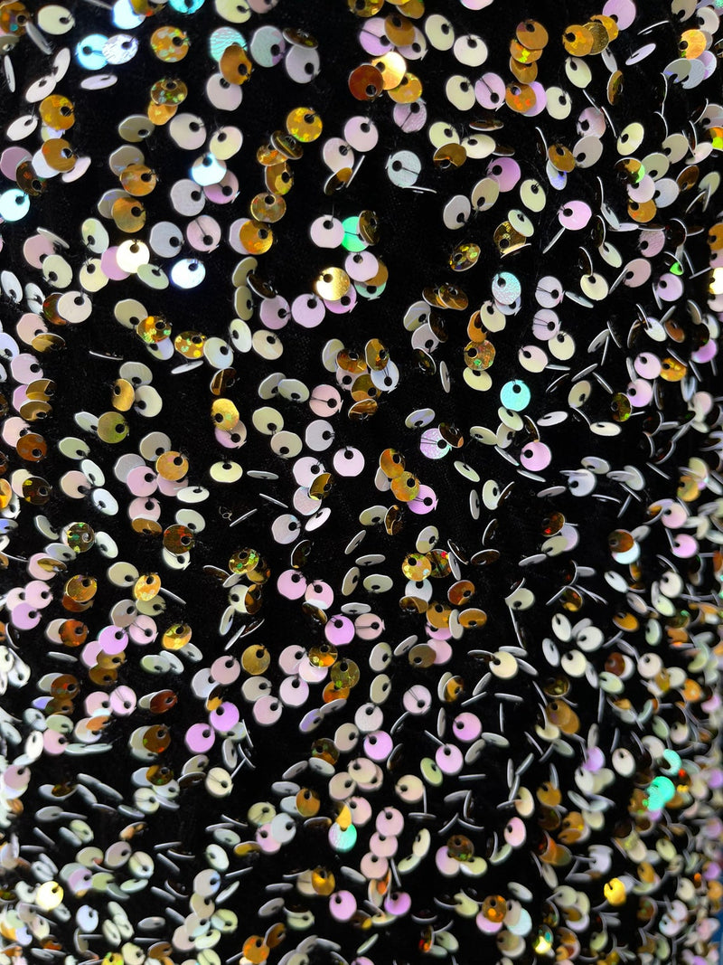 Velvet Stretch Sequins - Pink/ Gold Sequins on Black 2 Way Stretch Velvet Fabric 58/60”