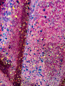 Velvet Stretch Sequins - Irisdescent Clear Sequins on Pink 2 Way Stretch Velvet Fabric 58/60”