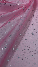 Foil Star Organza - Silver On Coral - 60" Sheer Silver Star Organza Fabric Sold By Yard