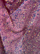 Velvet Stretch Sequins - Irisdescent Clear Sequins on Pink 2 Way Stretch Velvet Fabric 58/60”
