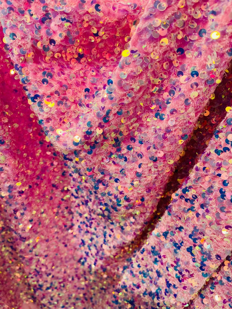 Velvet Stretch Sequins - Irisdescent Clear Sequins on Pink 2 Way Stretch Velvet Fabric 58/60”