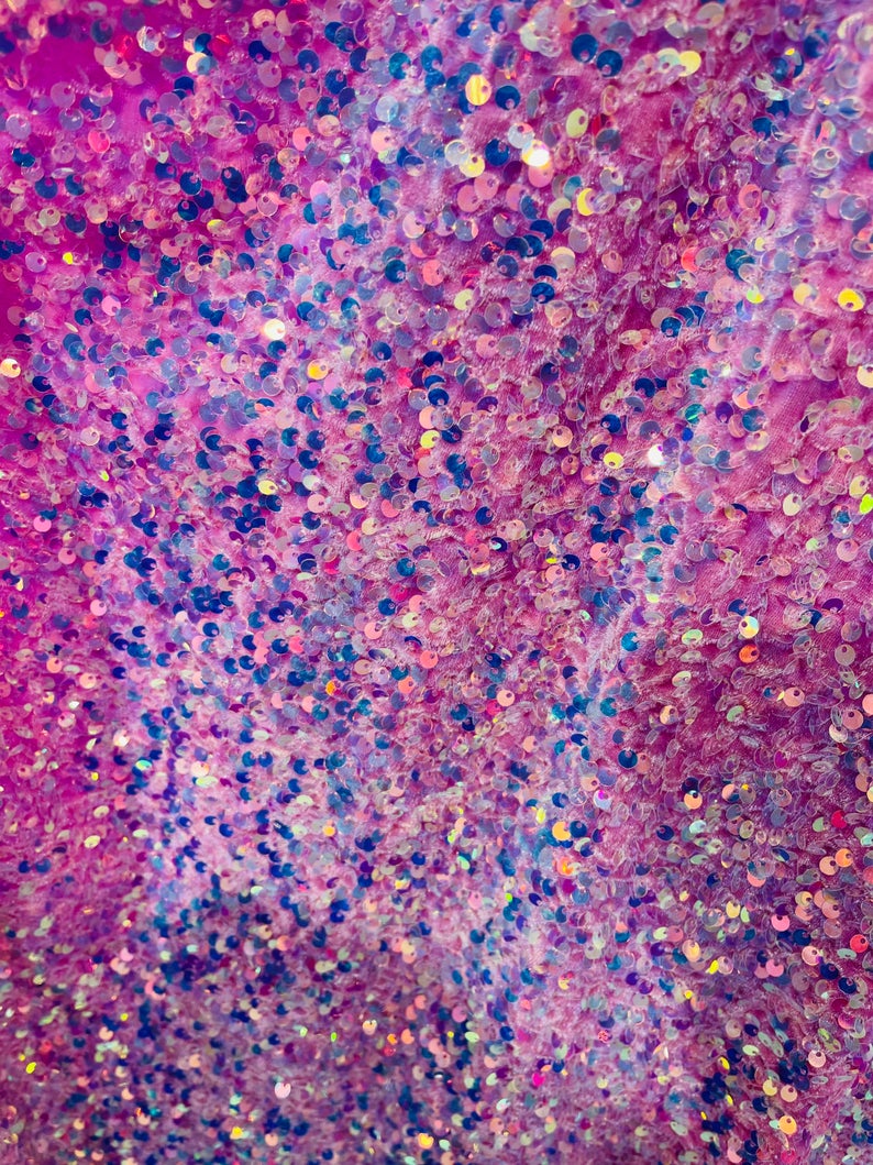 Velvet Stretch Sequins - Irisdescent Clear Sequins on Pink 2 Way Stretch Velvet Fabric 58/60”