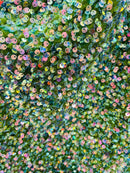 Velvet Stretch Sequins - Irisdescent Clear Sequins on Olive 2 Way Stretch Velvet Fabric 58/60”