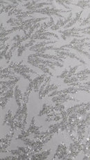 Leaf Plant Cluster Design Fabric - White - Beaded Embroidered Leaves Design on Lace Mesh By Yard