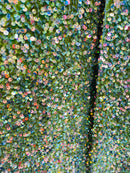 Velvet Stretch Sequins - Irisdescent Clear Sequins on Olive 2 Way Stretch Velvet Fabric 58/60”