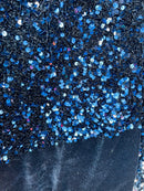 Velvet Stretch Sequins - Navy Blue Sequins on Black 2 Way Stretch Velvet Fabric 58/60”