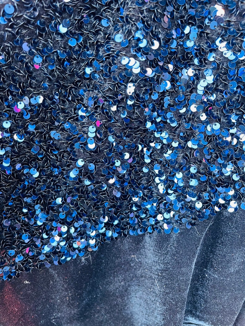 Velvet Stretch Sequins - Navy Blue Sequins on Black 2 Way Stretch Velvet Fabric 58/60”