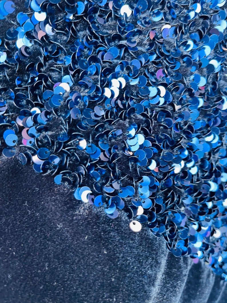 Velvet Stretch Sequins - Navy Blue Sequins on Black 2 Way Stretch Velvet Fabric 58/60”