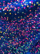 Velvet Stretch Sequins Irisdescent Rainbow Sequins on Royal Blue 2 Way Stretch Velvet Fabric 58/60”