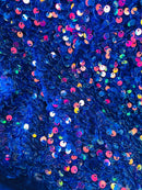 Velvet Stretch Sequins Irisdescent Rainbow Sequins on Royal Blue 2 Way Stretch Velvet Fabric 58/60”