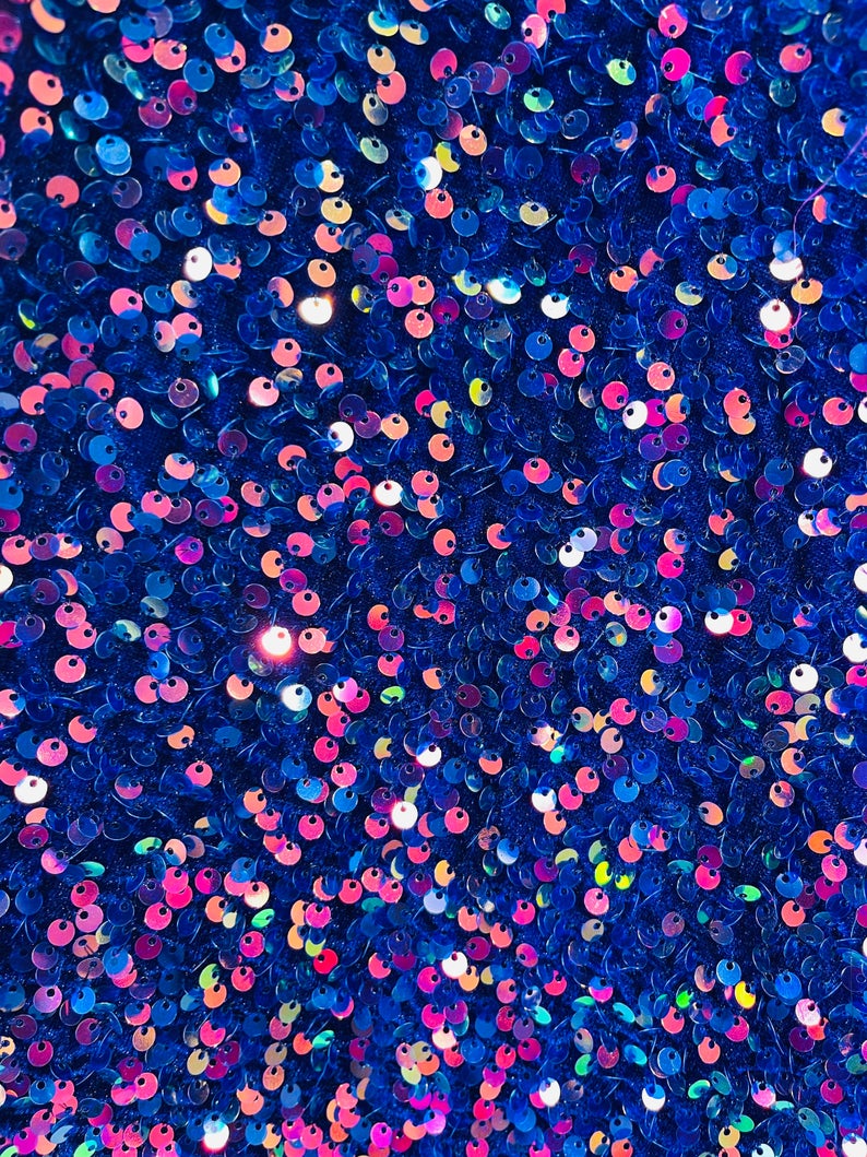 Velvet Stretch Sequins Irisdescent Rainbow Sequins on Royal Blue 2 Way Stretch Velvet Fabric 58/60”