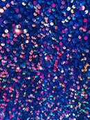 Velvet Stretch Sequins Irisdescent Rainbow Sequins on Royal Blue 2 Way Stretch Velvet Fabric 58/60”