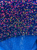 Velvet Stretch Sequins Irisdescent Rainbow Sequins on Royal Blue 2 Way Stretch Velvet Fabric 58/60”