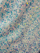 Velvet Stretch Sequins - Irisdescent Clear Sequins on White 2 Way Stretch Velvet Fabric 58/60”