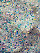 Velvet Stretch Sequins - Irisdescent Clear Sequins on White 2 Way Stretch Velvet Fabric 58/60”