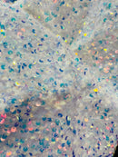 Velvet Stretch Sequins - Irisdescent Clear Sequins on White 2 Way Stretch Velvet Fabric 58/60”