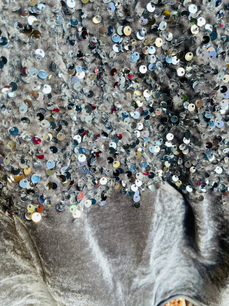 Velvet Stretch Sequins - Silver Sequins on Gray 2 Way Stretch Velvet Fabric 58/60”