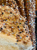 Velvet Stretch Sequins - Champagne Sequins on Camel 2 Way Stretch Velvet Fabric 58/60”