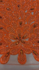 3D Beaded Peacock Feathers - Neon Orange - Vegas Design Embroidered Sequins and Beads On a Mesh Lace Fabric (Choose The Panels)