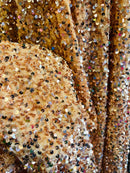 Velvet Stretch Sequins - Champagne Sequins on Camel 2 Way Stretch Velvet Fabric 58/60”