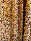 Velvet Stretch Sequins - Champagne Sequins on Camel 2 Way Stretch Velvet Fabric 58/60”