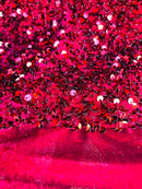 Velvet Stretch Sequins - Burgundy Sequins on Burgundy 2 Way Stretch Velvet Fabric 58/60”