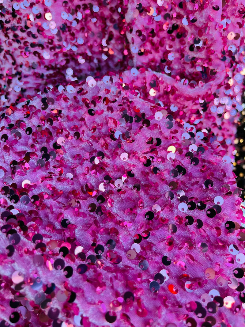 Velvet Stretch Sequins - Pink Sequins on Pink 2 Way Stretch Velvet Fabric 58/60”