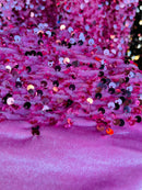 Velvet Stretch Sequins - Pink Sequins on Pink 2 Way Stretch Velvet Fabric 58/60”