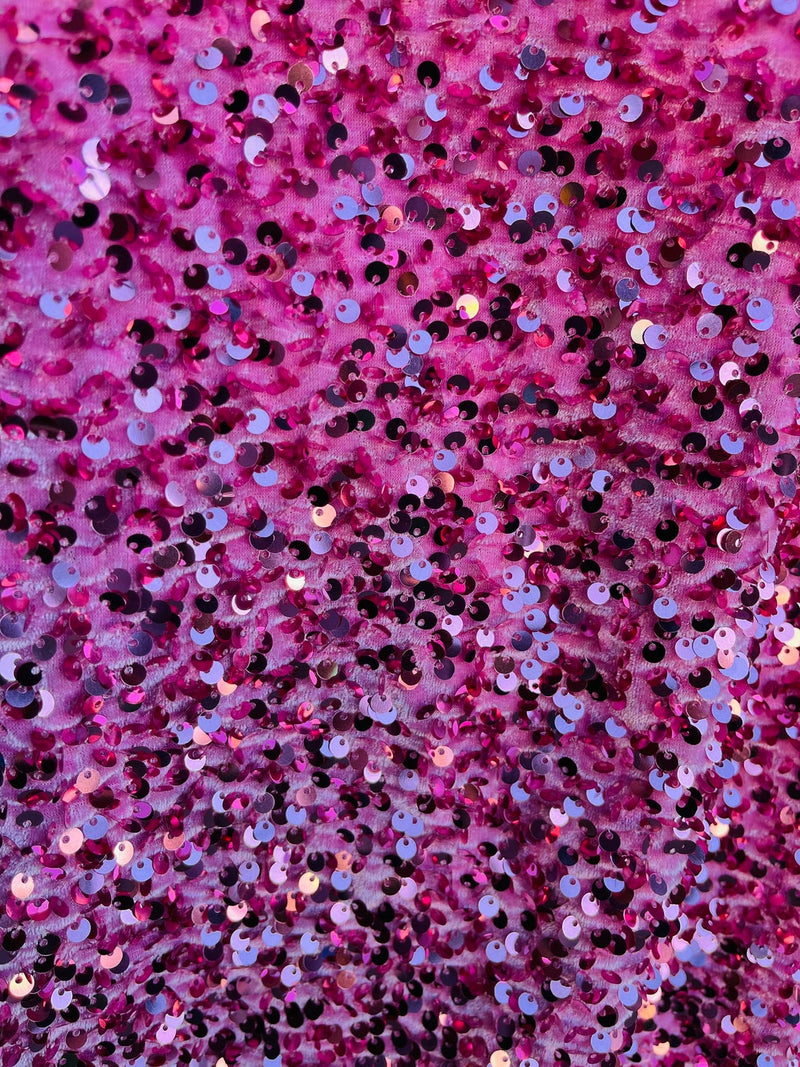 Velvet Stretch Sequins - Pink Sequins on Pink 2 Way Stretch Velvet Fabric 58/60”