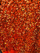 Velvet Stretch Sequins - Orange Sequin on Orange 2 Way Stretch Velvet Fabric 58/60”